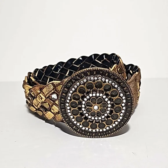 Metallic Gold with Rhinestones Braided Belt Brass Colored Rhinestone Buckle S/M 35116 Rhinestone Belt Fashion Western Bling Crystal Genuine  main image 4